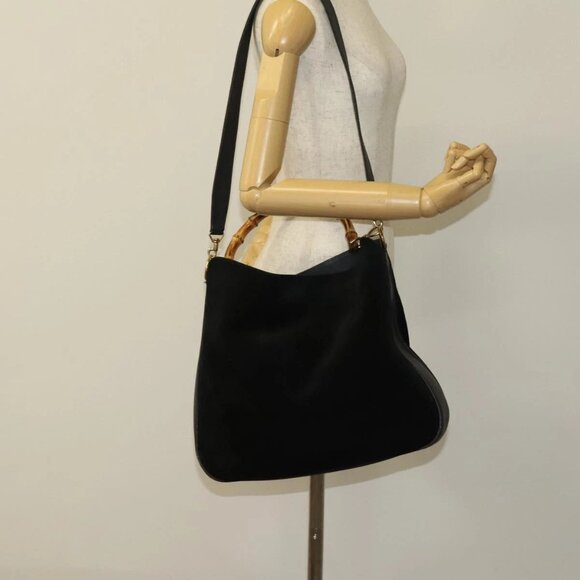 GUCCI Bamboo Hand Bag Suede 2way Black Gold - Picture 1 of 16